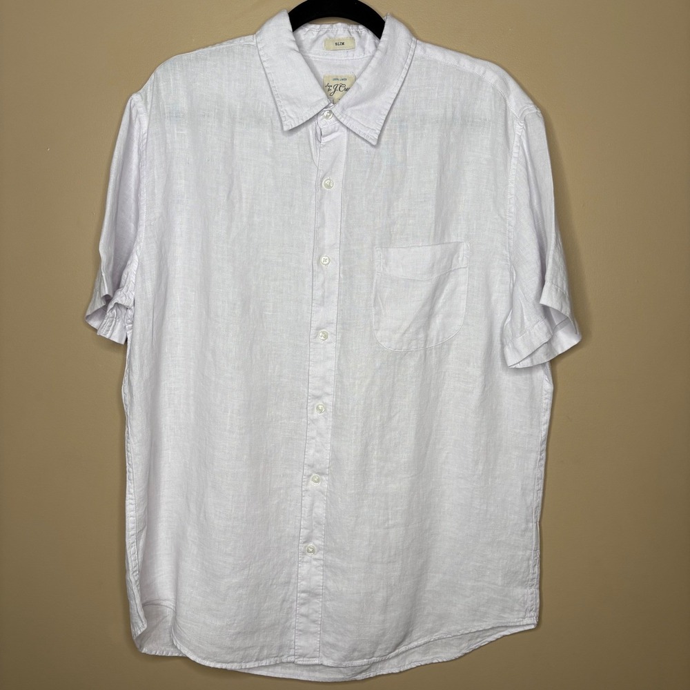 J. Crew Men Sz L Light Purple 100% Linen Short Sleeve Button Up Slim Fit Shirt